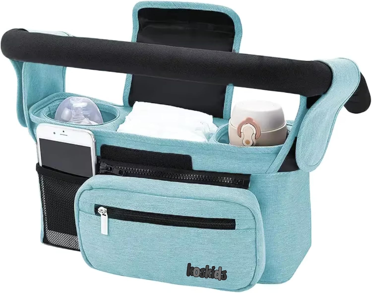 Universal Stroller Organizer with Insulated Cup Holder, Detachable Phone Bag, Shoulder Strap – Fits All Stroller Types, Keeps Drinks Hot/Cold (Black)