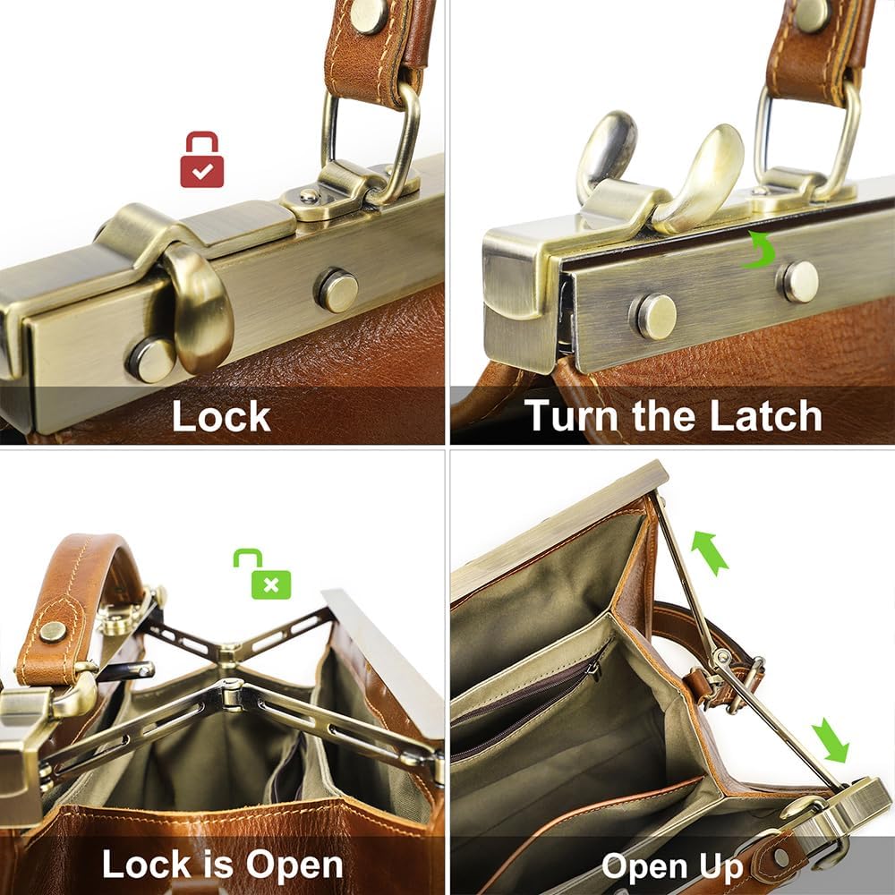 CONTACTS Full Grain Leather Doctor Bag Purse for Women Top Handle Handbag Vintage Satchel Shoulder Bag Tote Bag with Metal Clasp Frame - Image 4