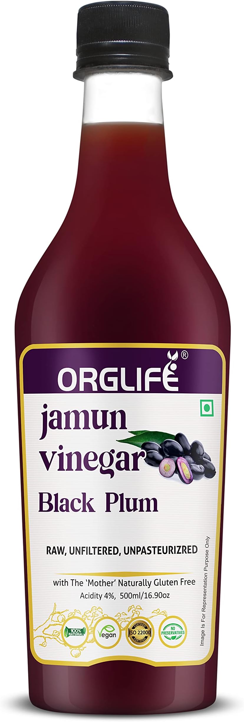 ORGLIFE Jamun Vinegar with Mother Organic 500 ml - Raw, Unfiltered (Made with Organic Jamun Fruits