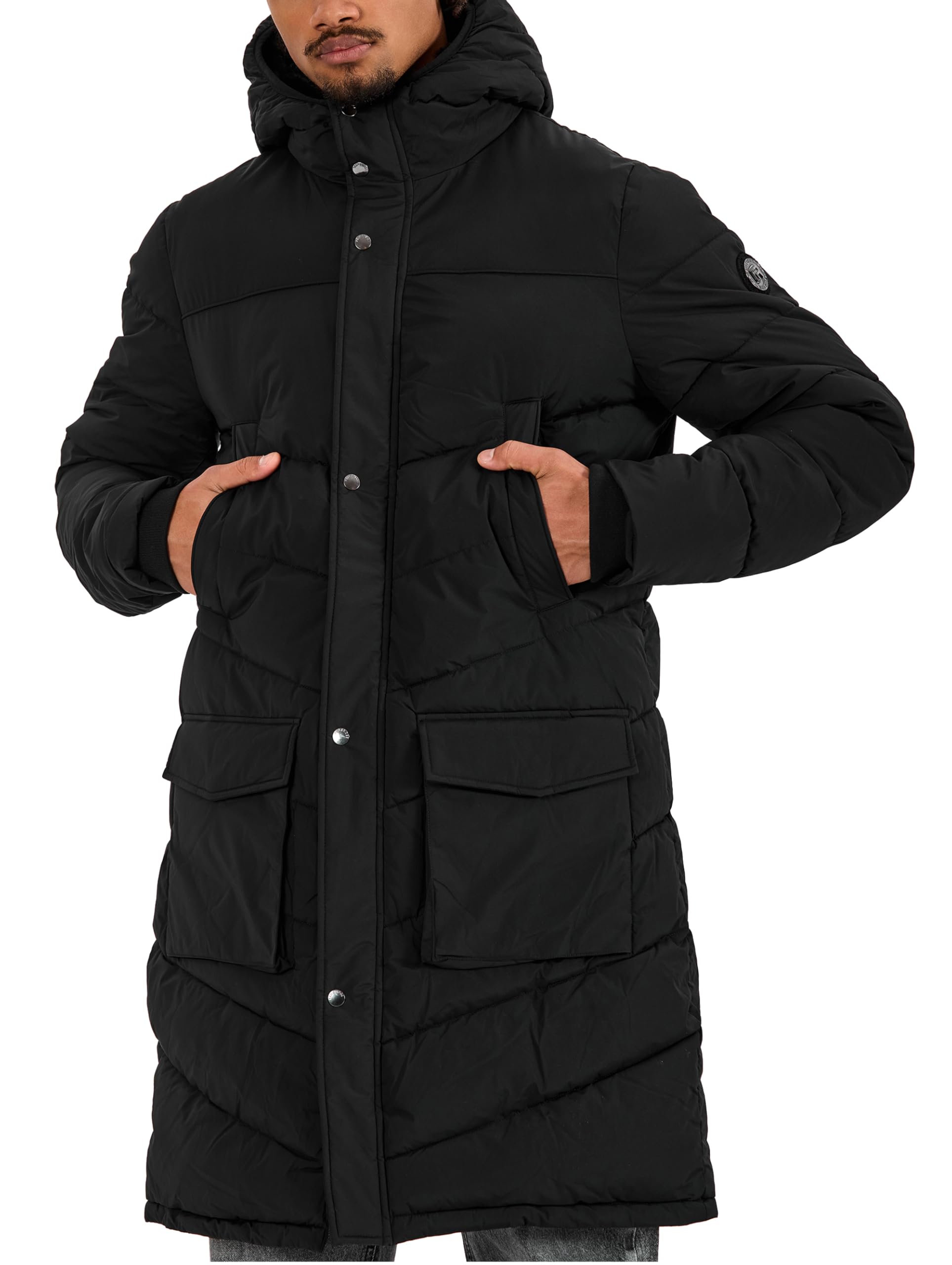 Redbridge Giacca trapuntata lunga con cappuccio e tasche applicate, giacca invernale calda con bottoni a pressione e chiusura lampo, vestibilità regolare