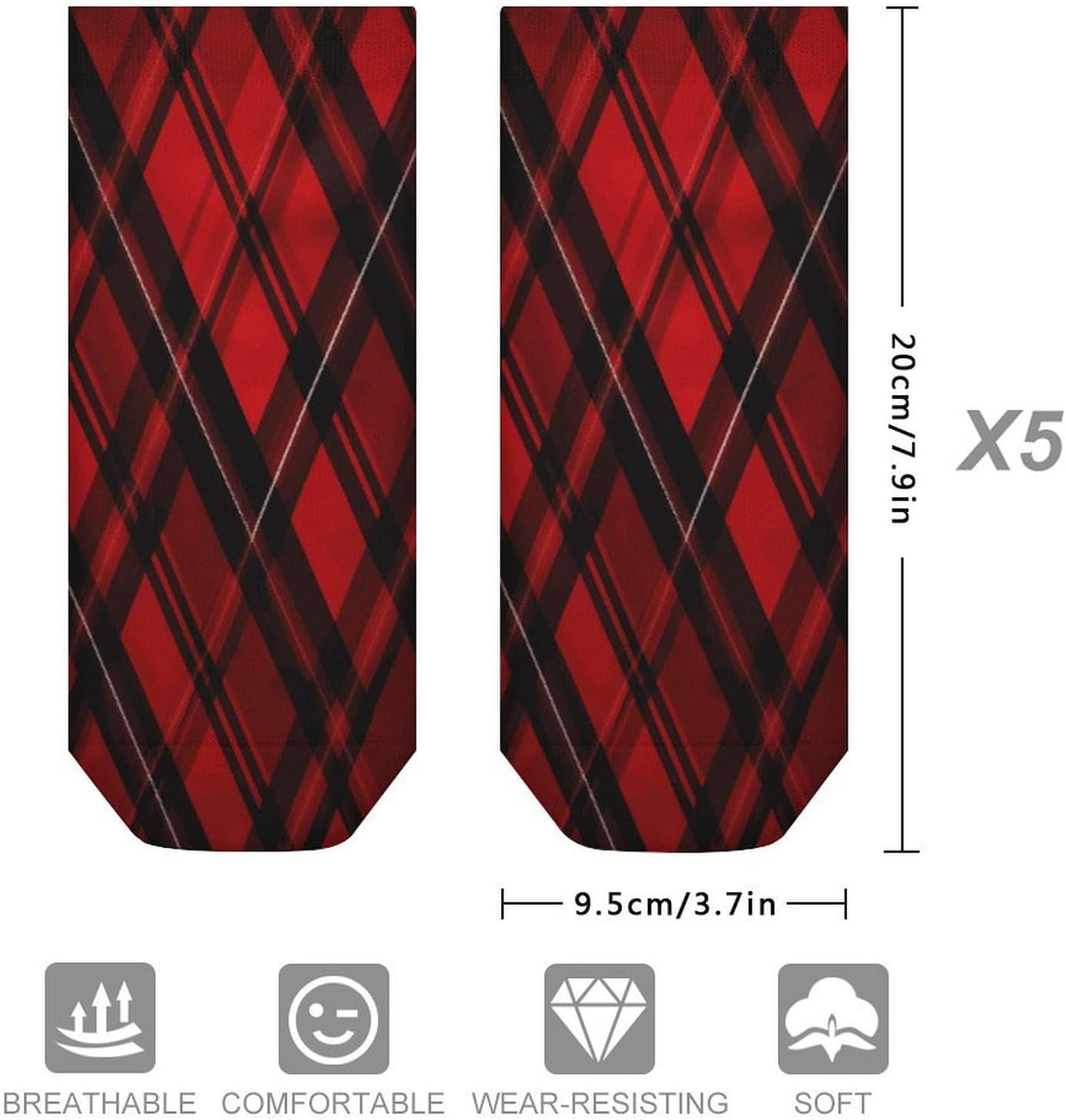 Red And Black Plaid Ankle Socks for Men Women 5 Pairs | Comfortable Casual Low Cut Socks, Lightweight No Show Breathable Athletic Socks, Soft Mini Crew Socks for All Seasons