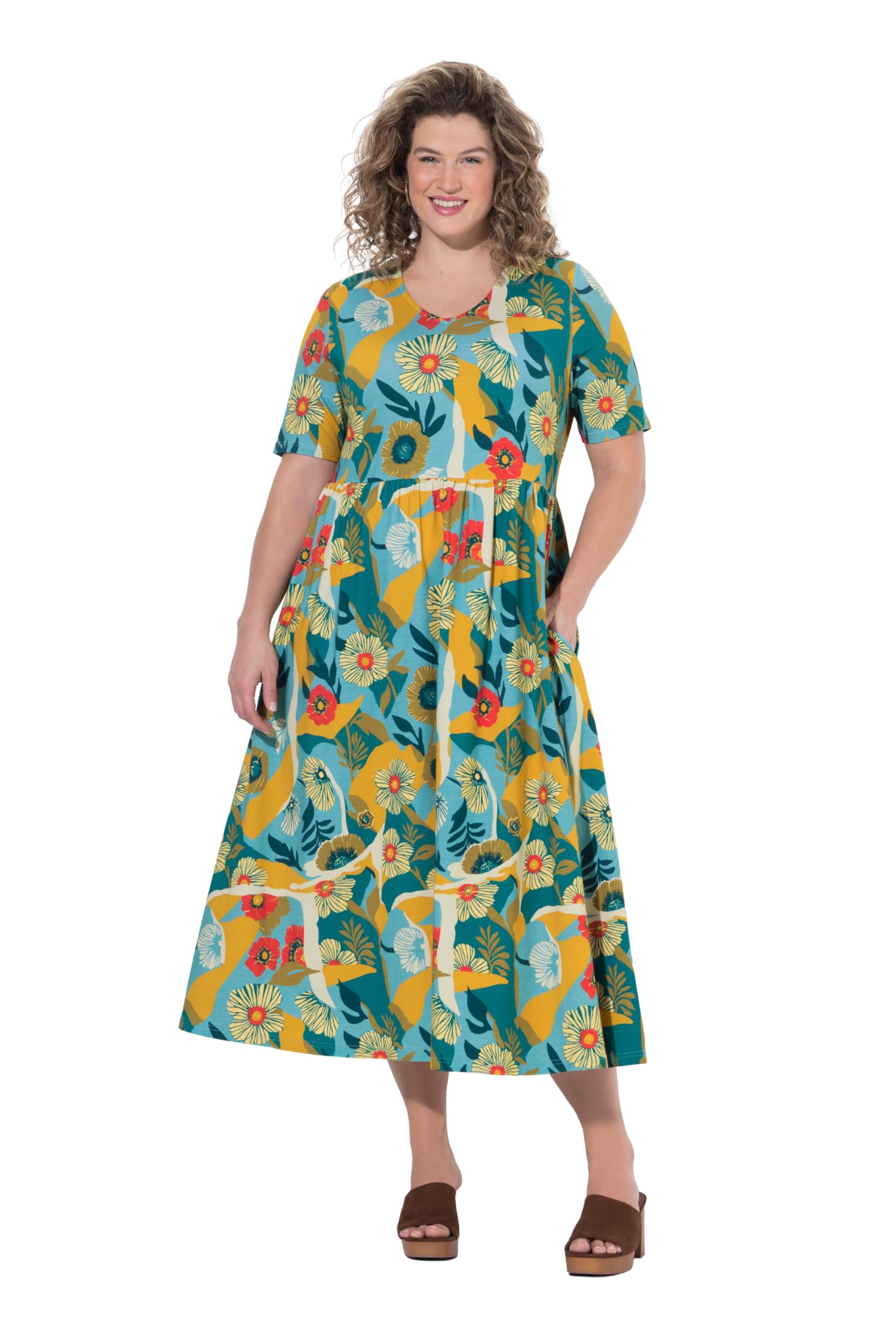 Ulla Popken Damen große Größen Übergrößen Plus Size Jerseykleid, Blüten, Rundhals, Halbarm, Biobaumwolle 849408