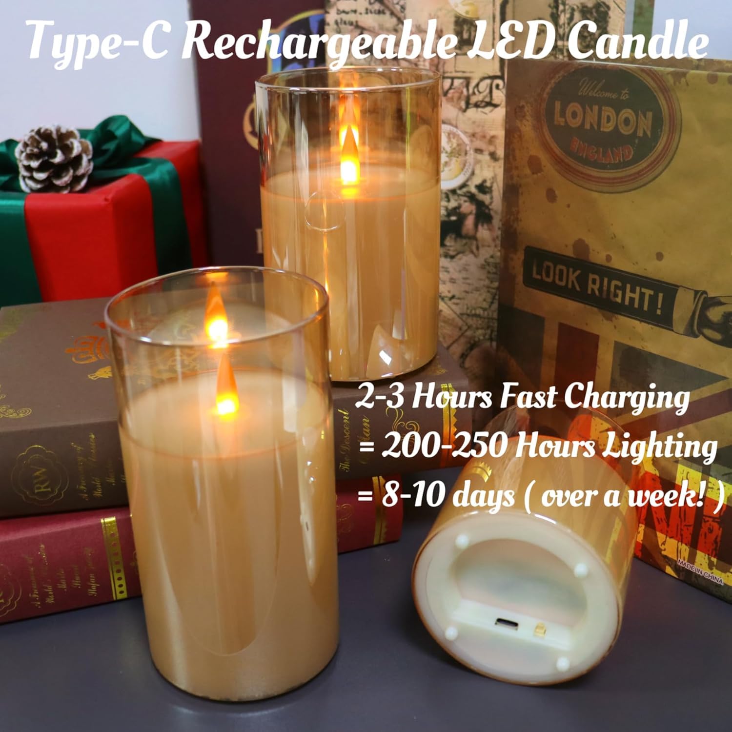 MozkeTo19 Rechargeable Candles, Glass Gold Real Wax LED Candles, Type-C Rechargeable Glass Flameless Candles Flickering - Image 3