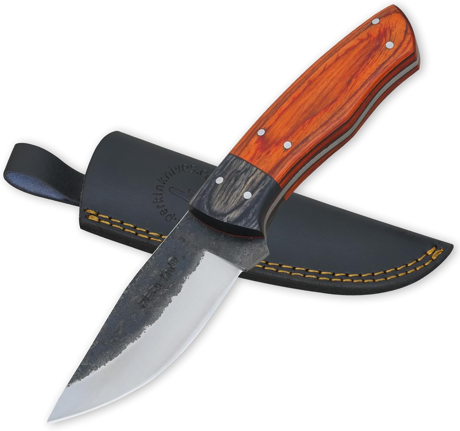 Perkin PK666 Handmade Fixed Blade Hunting Knife with Leather Sheath – 7.5” Full Tang 1095 Steel Bushcraft Knife, Micarta & Pakka Wood Handle Survival Tactical Knife for Camping & Hiking