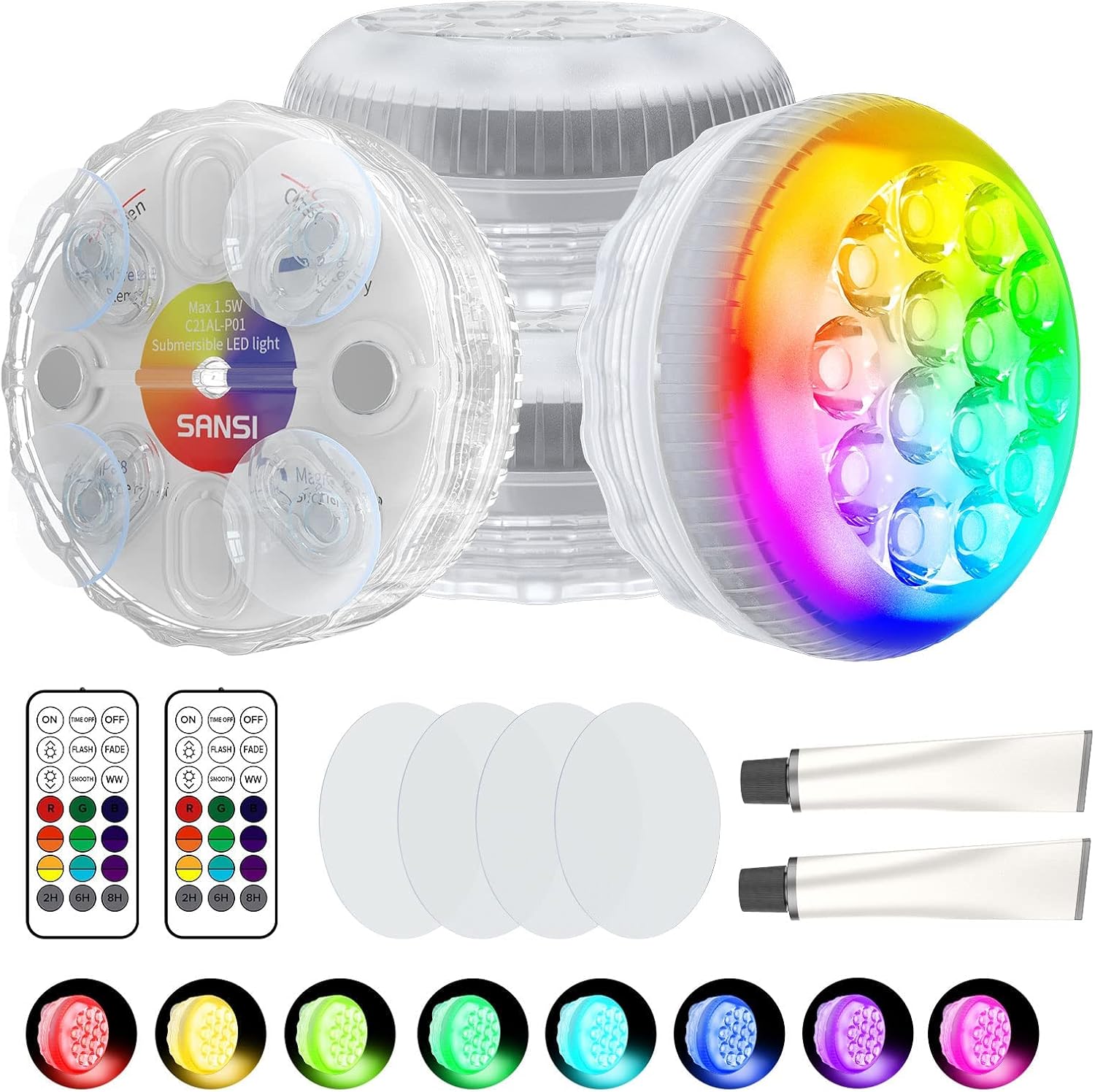 SANSI Upgraded Submersible Led Lights RF Remote(200ft), Waterproof Pool Lights for Inground Pool with Glue/Magnets/Suction Cups, Color Changing Underwater Spotlight for Ponds Battery Operated, 4-Pack