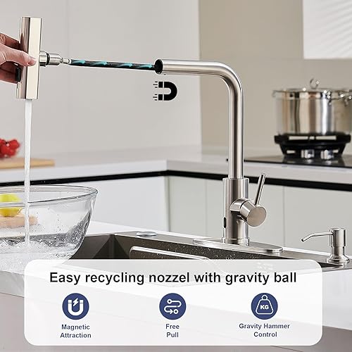 Miniatura 90 de Grifos de cocina de níquel cepillado con rociador desplegable y dispensador de jabón, un solo orificio y mango, grifo extraíble, grifo de fregadero
