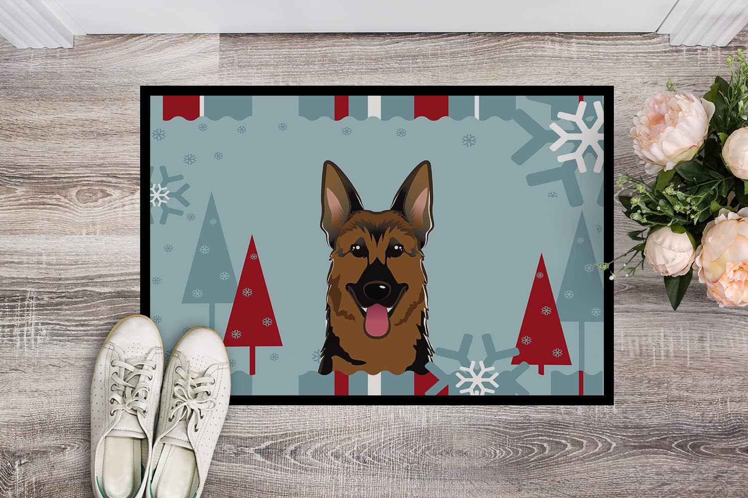 Caroline's Treasures BB1707MAT Winter Holiday German Shepherd Doormat 18x27 Front Door Mat Indoor Outdoor Rugs for Entryway, Non Slip Washable Low Pile, 18H X 27W