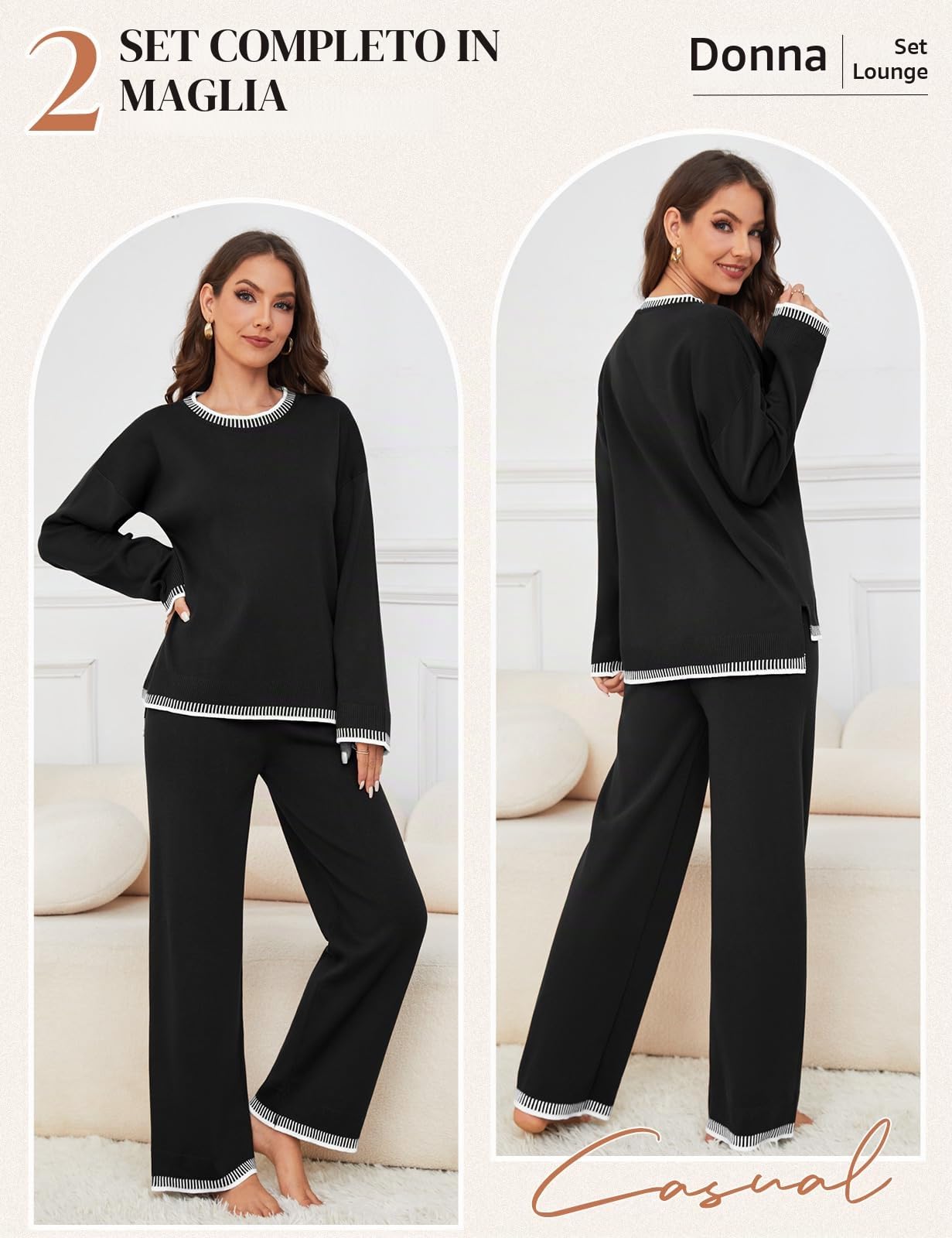 TOMEEK Completo Tuta Donna Elegante Sportiva 2 Pezzi in Maglia Set di Pantaloni Maniche Lunghe Girocollo Larga e Maglione Casual Pullover Top Tuta da Casa Jogging