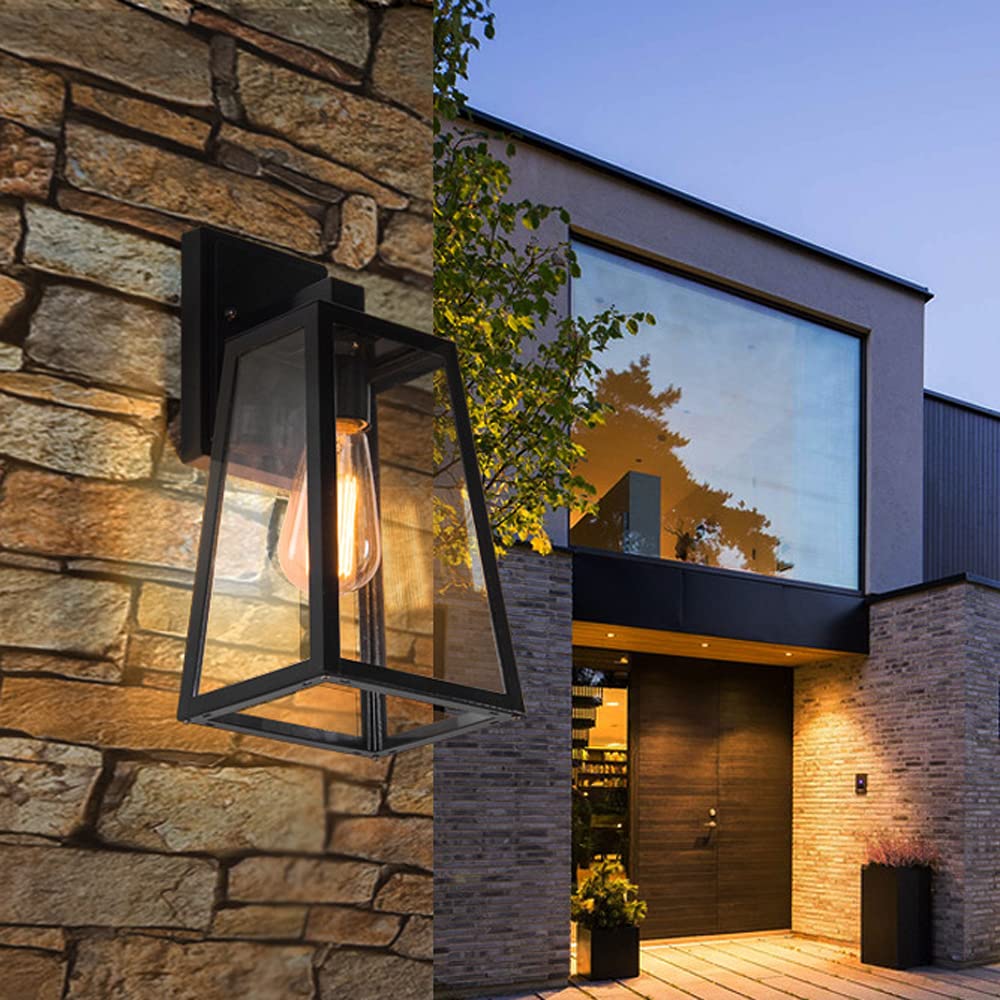 HUAYUSEDF Matte Black Outdoor Wall Lantern with Glass Shade Waterproof Exterior Sconce for Doorway and Garage