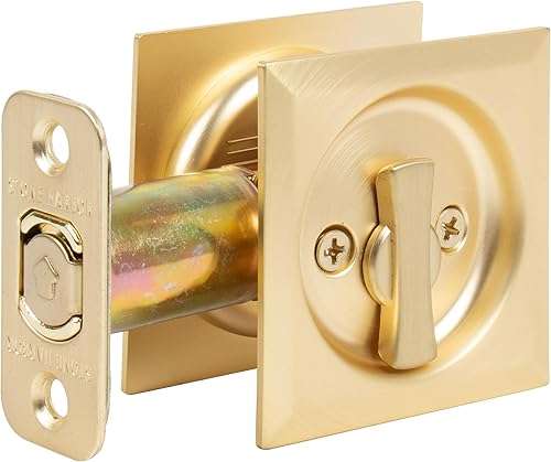 Miniatura 2 de Stone Harbor Hardware Cerradura de puerta de bolsillo cuadrada contemporánea, función de privacidad, fondo de 2-38", latón satinado