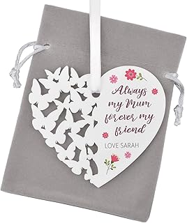 Always My Mum Forever My Friend Heart Gifts - PERSONALISED Birthday Christmas Plaque Gifts for Mummy, Nanny, Nanna, Granny, Mom - Mothers Day Gifts for Mum - Butterfly Gifts for Mum - With Grey Bag