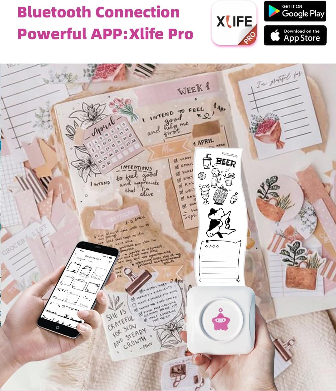 vretti Mini Pocket Printer - Portable Thermal Printer with 1 Roll Sticker Paper, Bluetooth Mini Printer for iPhone & Android, TP2-Y Inkless Sticker Maker for Notes, Photos, Labels, DIY - Image 3