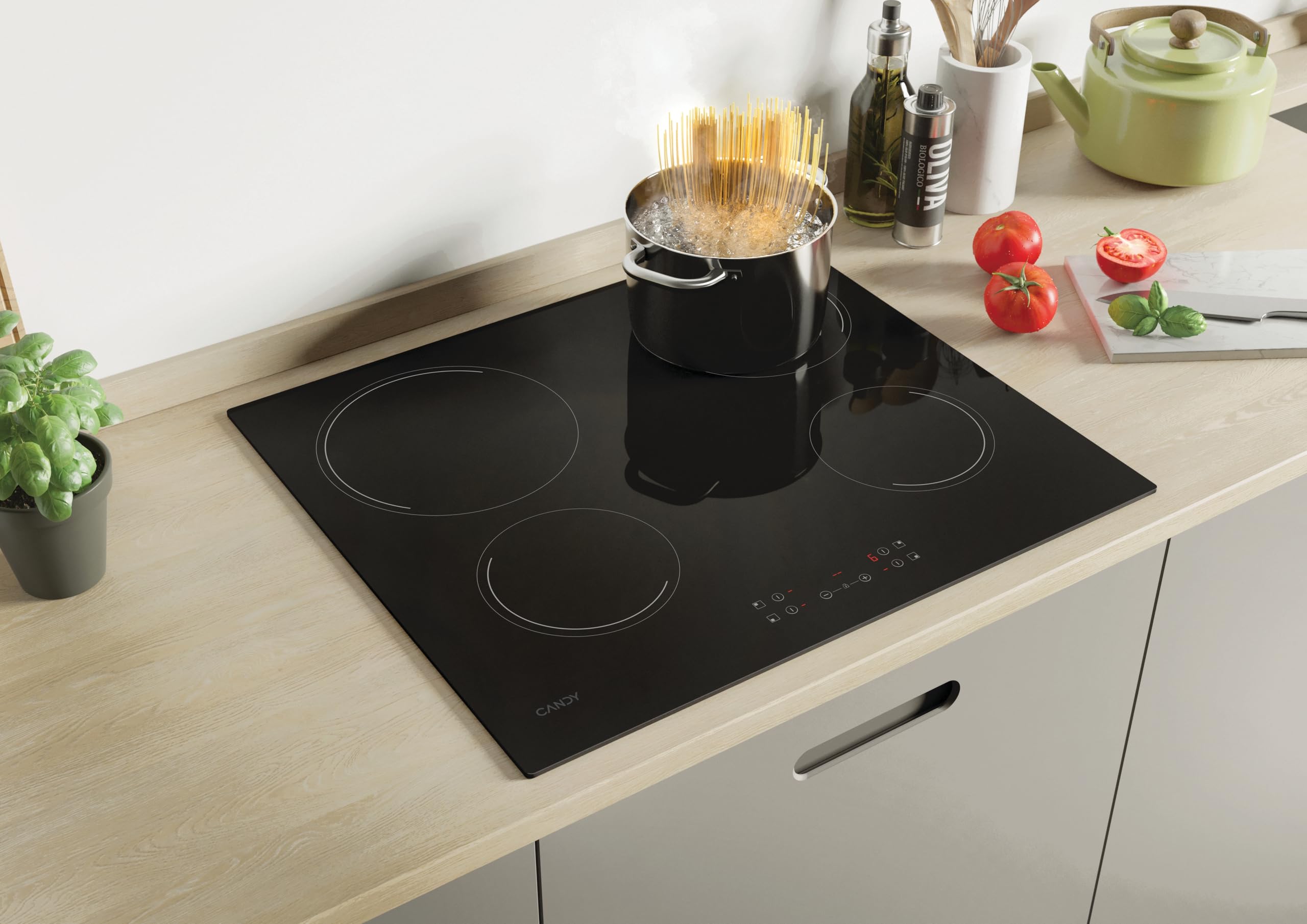Candy Idea CH64CCB 4U2 Piastra in vetroceramica 4 fuochi, 60 cm, 10 livelli di potenza, 6,5 KW, comandi centrali, indicatore di calore, blocco di sicurezza, allarme surriscaldamento e versamenti, nero