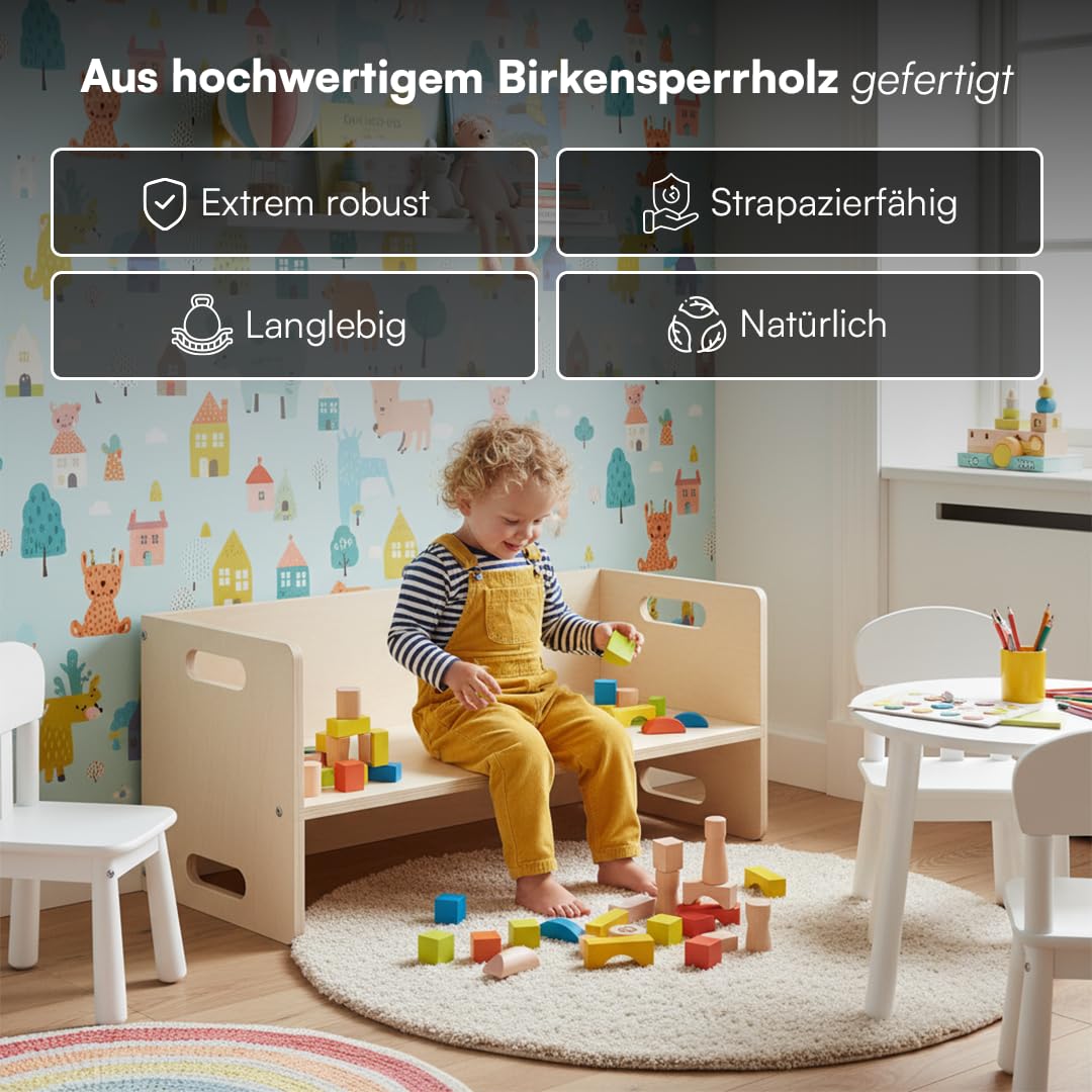 Bellabino Aki Kindersitzbank - 2in1 Kinderbank/Kindertisch aus Holz Natur - Montessori Wendebank für Kinderzimmer - multifunktionaler Kinderhocker mit 3 Sitzhöhen aus Birke - Hocker 80 x 35 x 35 cm