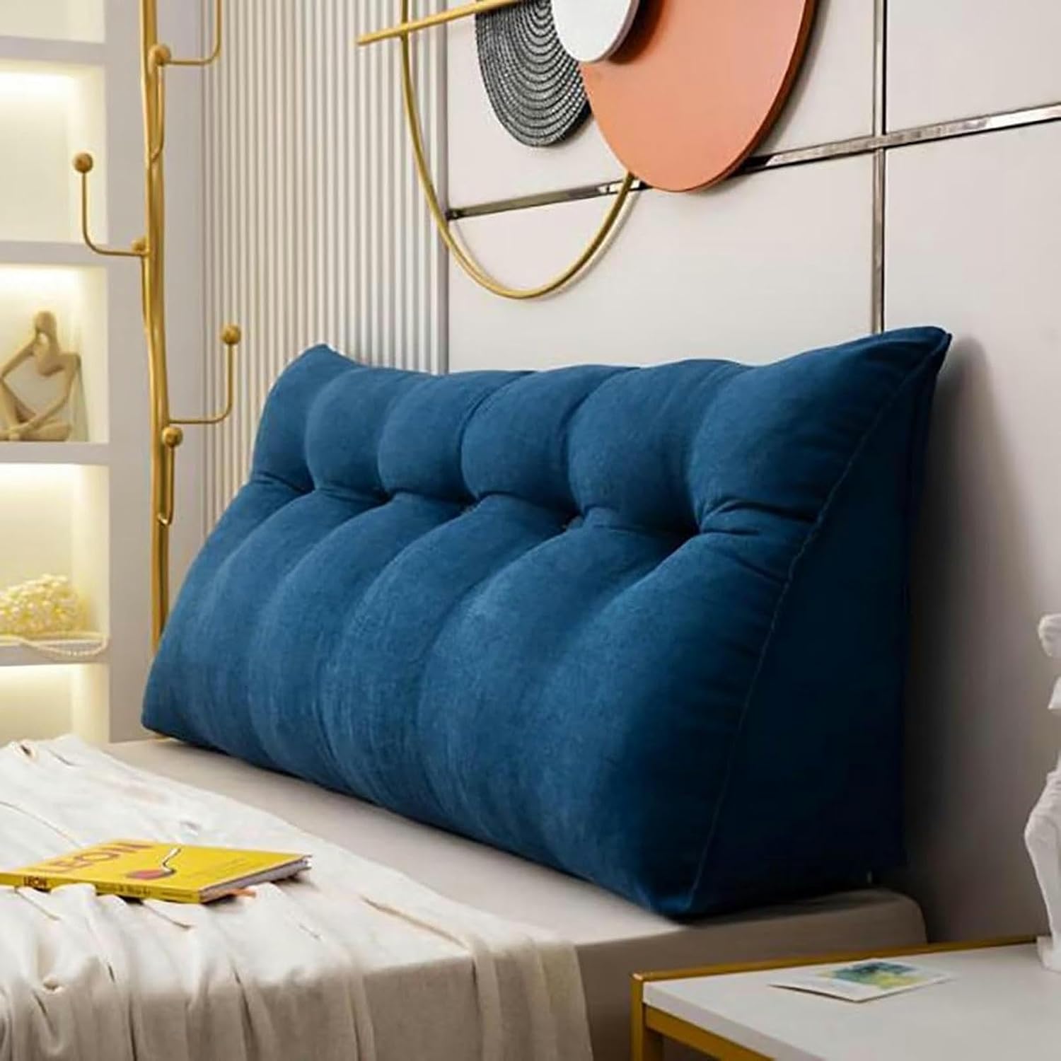 Large Headboard Pillow Teal Triangular Headboard Wedge Bed Rest Reading Pillow Backrest Positioning Support Bolster Cushion with Removable Cover, 47x20x8in, Navy Blue