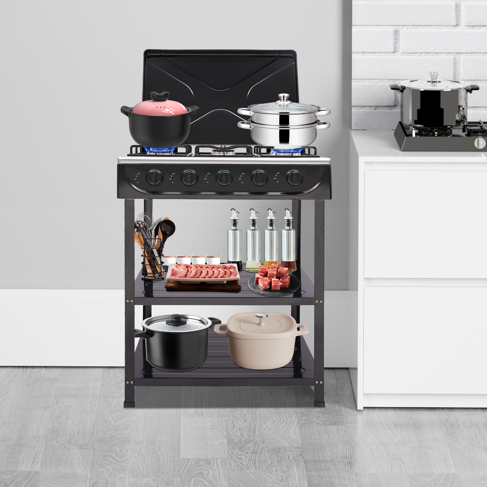 Gbonklong 5 Burner Gas Grill, Portable Gas Stove, Stainless Steel Top with Support Leg Stand and Wind Blocking Cover Adapter, Natural Stove, Camping Stove for Outdoor (Black)