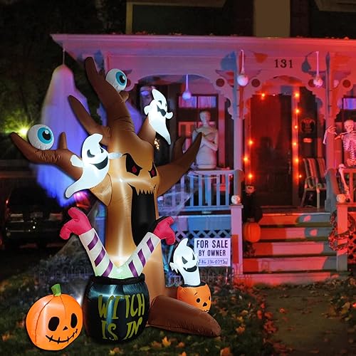 Miniatura 6 de Decoraciones inflables de Halloween de 8 pies para exteriores, árbol de Halloween espeluznante con fantasmas, globos oculares, calabazas, caldero y
