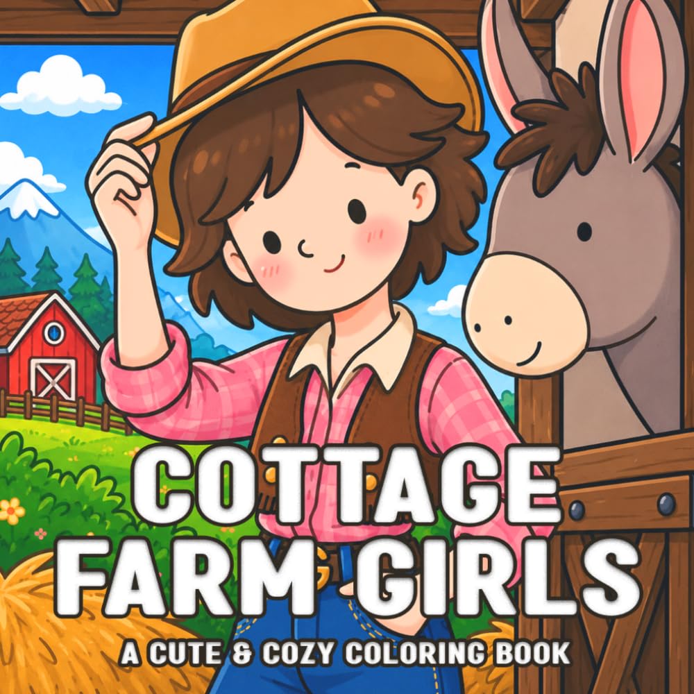 Cottage Farm Girls Coloring Book: Dive into Country Living Coloring Pages with Country Girl, Adorable Animals, Peaceful Rural Landscapes for Adults and Teens to Relax