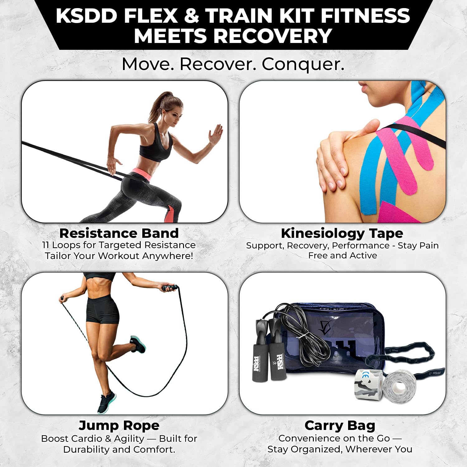 Home Suspension Training Kit – Fabric Resistance Band, 2 Rolls of Kinesiology Tape & Jump Rope – Portable Workout Equipment for Strength Training & Fitness