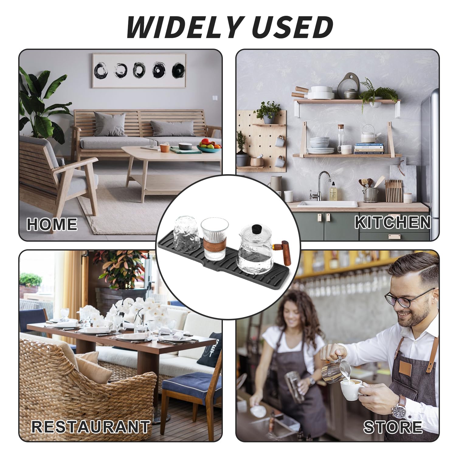 Wąska silikonowa mata ociekowa do naczyń, antypoślizgowa mata z odpływem, wodoodporna, do zlewozmywaka do kuchni lub pod deskę do krojenia, czarna, 42 x 10 cm