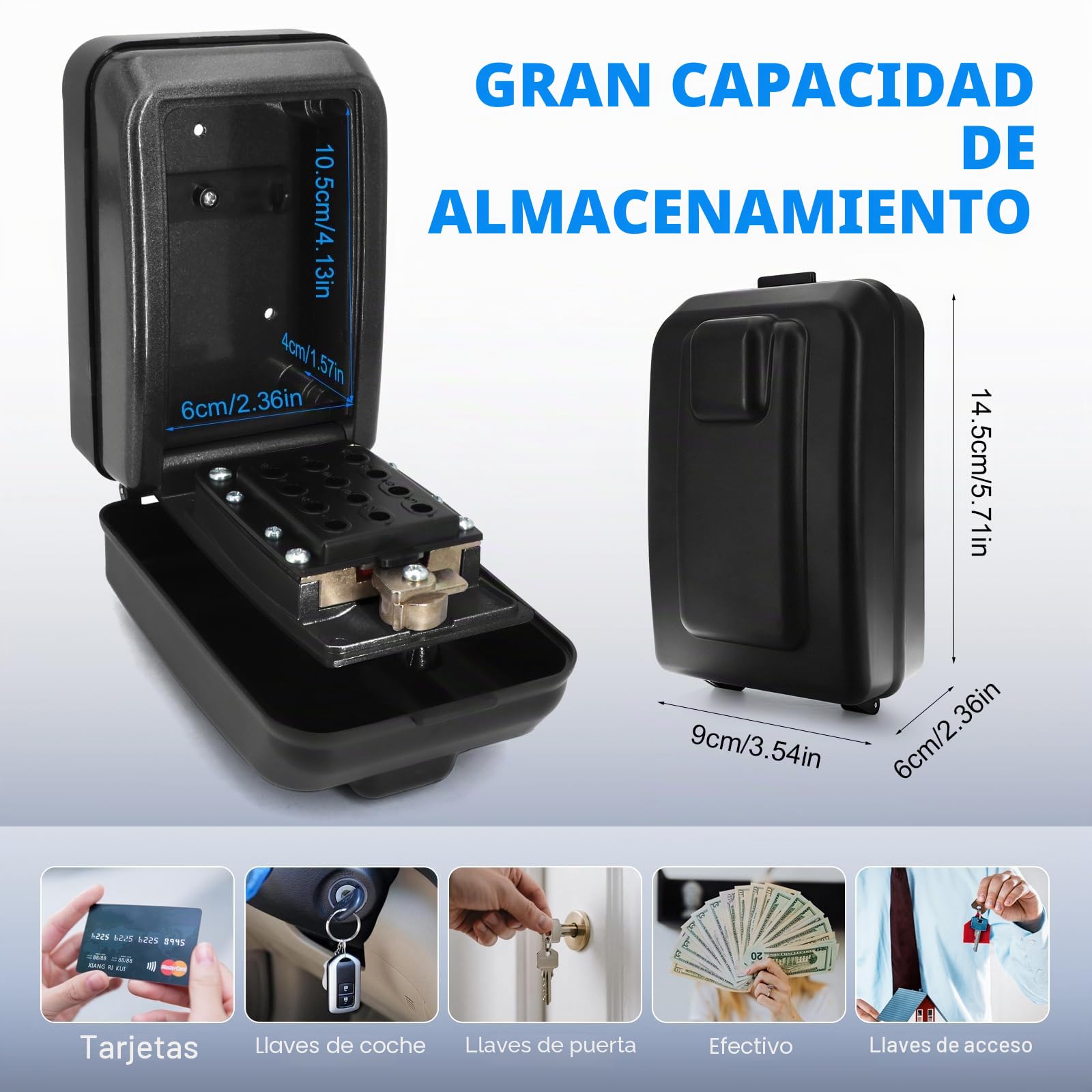 Caja de Seguridad para Llaves Exterior, Guarda Llaves con Código de 12 Dígitos, Gran Capacidad para Pared, Resistente a la Intemperie, Ideal para Casa, Garaje y Negocio (Negro)