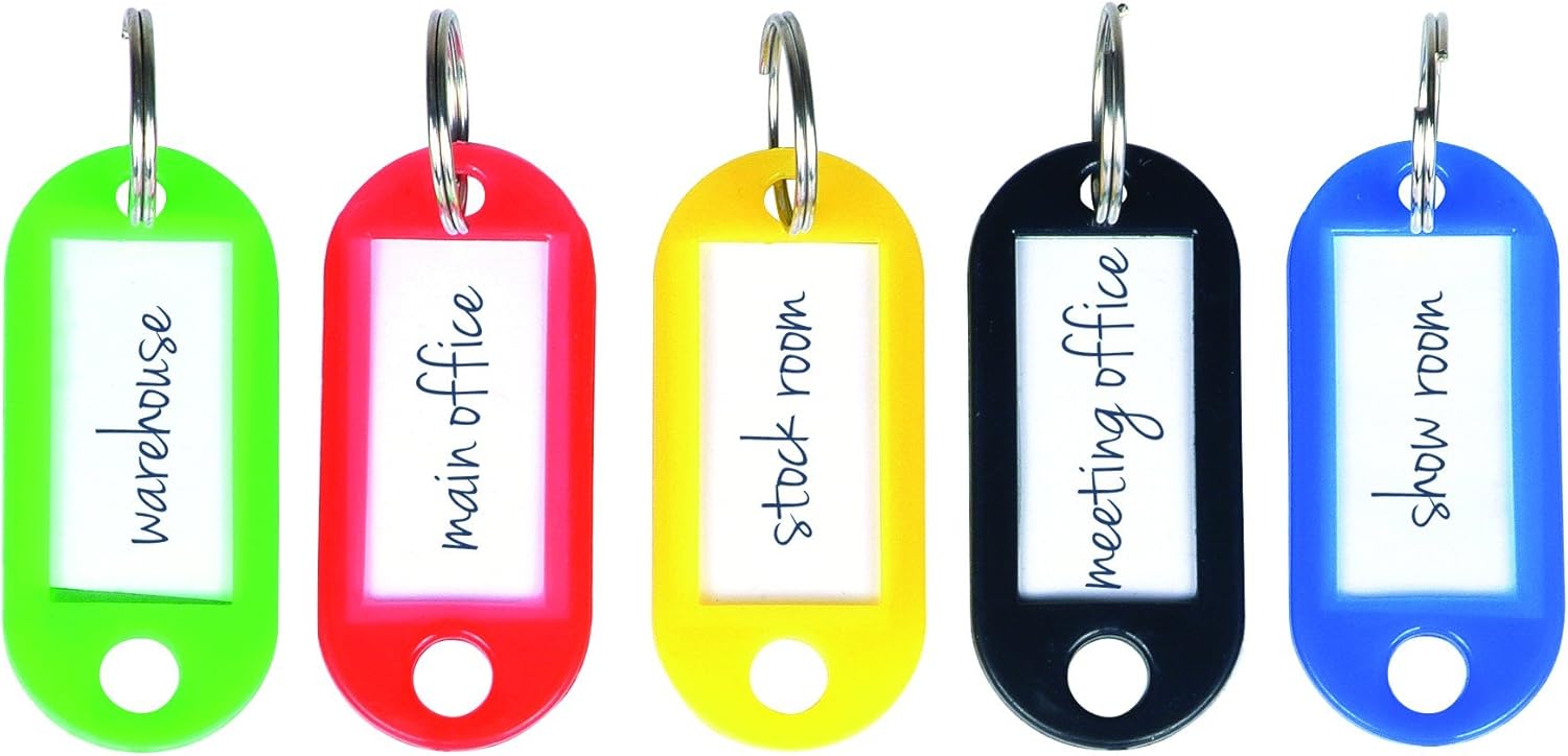 Five colorful key tags (green, red, yellow, black, blue) with labels like 'warehouse', 'main office', 'stock room', 'meeting office', 'show room'.