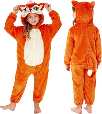 PinkSheep Kids Animal Onesie Pajamas 4-12,Cute Girls Boys Flannel Sleepwear | Hooded Stitch Homewear Cosplay Capybara/Axolotl/Highland Cow/Cat Costume Zipper Butt,Pocket