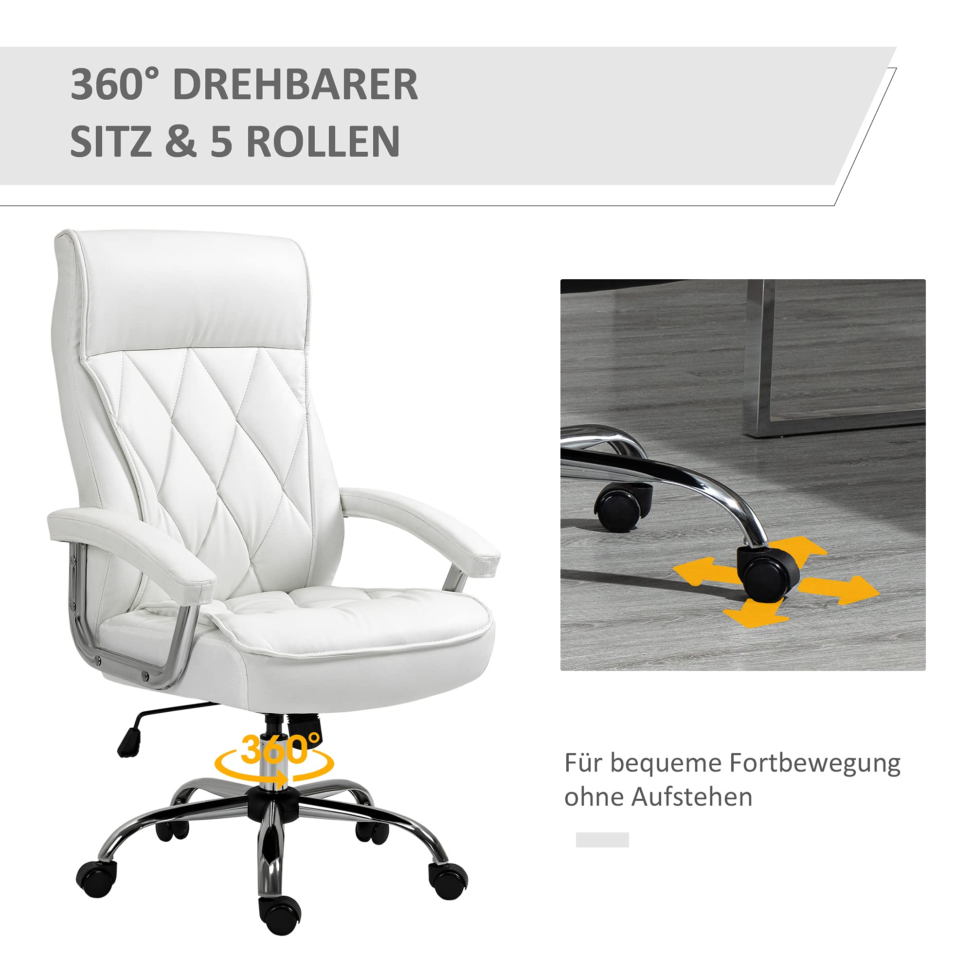 biurowe Vinsetto fotel biurowy krzesło do gier fotel obrotowy ergonomiczne z funkcją kołysania regulacja wysokości wzór w romby nowoczesne eleganckie luksusowe skóra PU metal pianka kolor biały