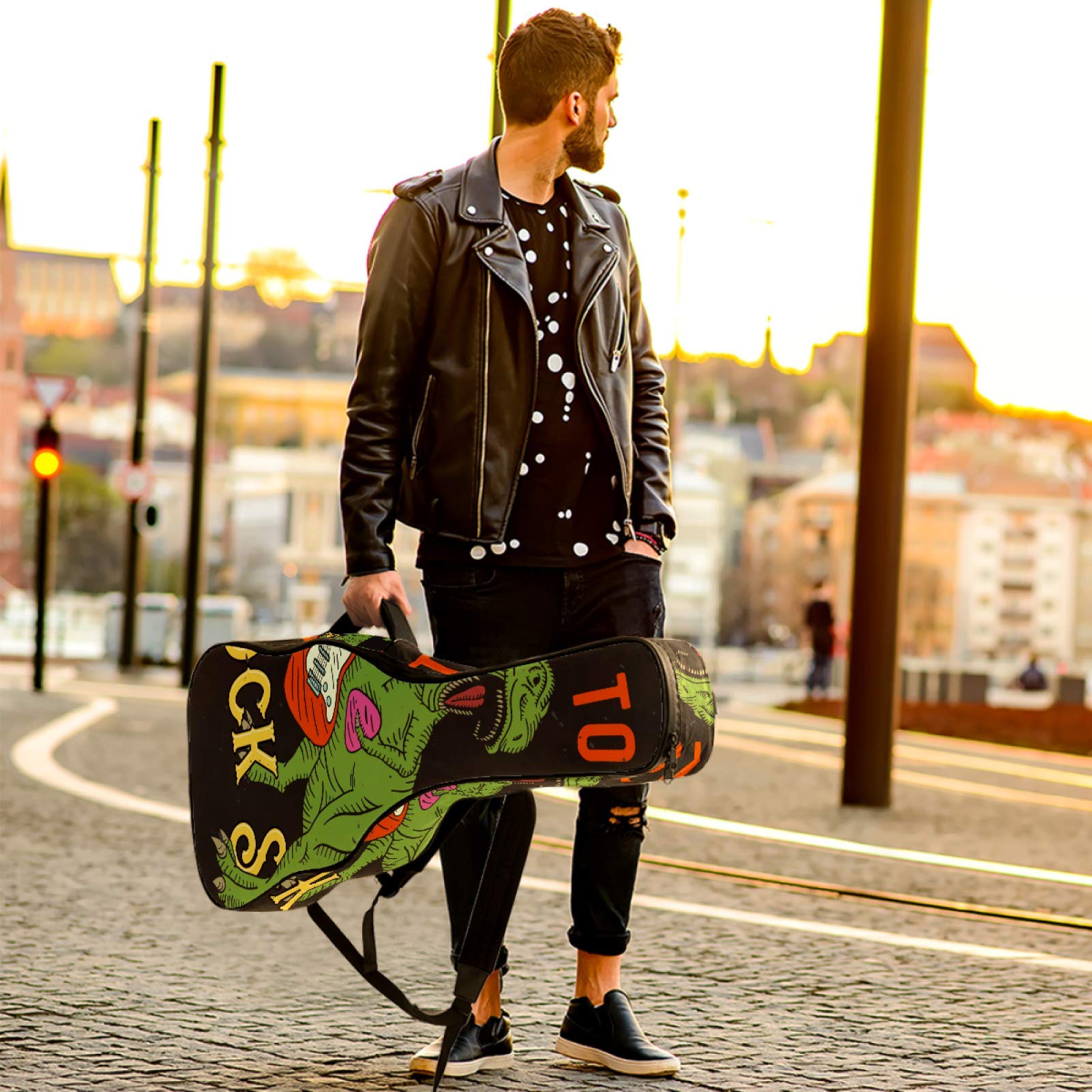 Borsa per chitarra impermeabile con cerniera morbida zaino per chitarra, chitarra acustica e classica folk chitarra elettrica dinosauro musica