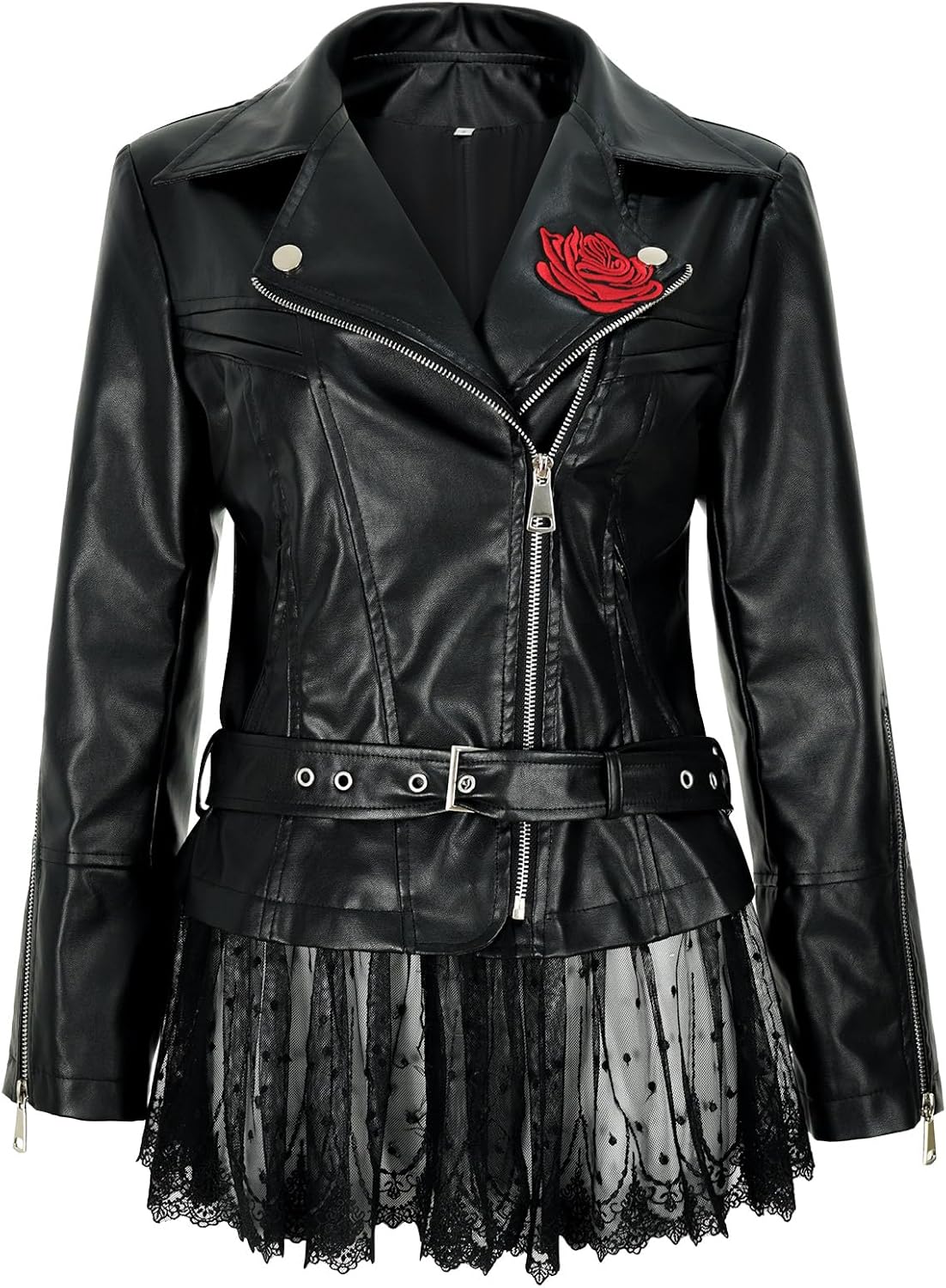 Women's faux leather lace moto jacket with Peplum rose vintage riding coat