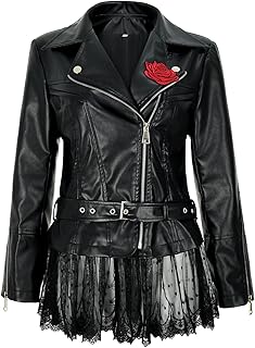 Women's faux leather lace moto jacket with Peplum rose vintage riding coat