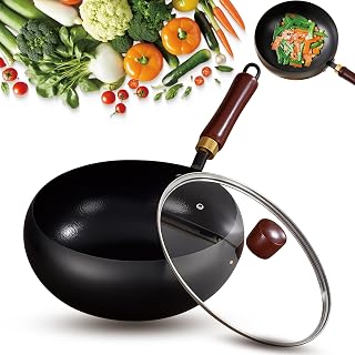Usceshonn Iron Pot, Usceshonn Handmade Hammered Large Belly Pot, Uncoated Thick IronPot with Lid for Cooking, Stewing (Hammer-Glass Cover,11.02 in / 28cm)