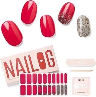 NAILOG Semi Cured Gel Nail Strips (20 Extra Long Polish Stickers/Wraps) │ Glossy & Long Lasting Soft Gel Finishing (Chance)