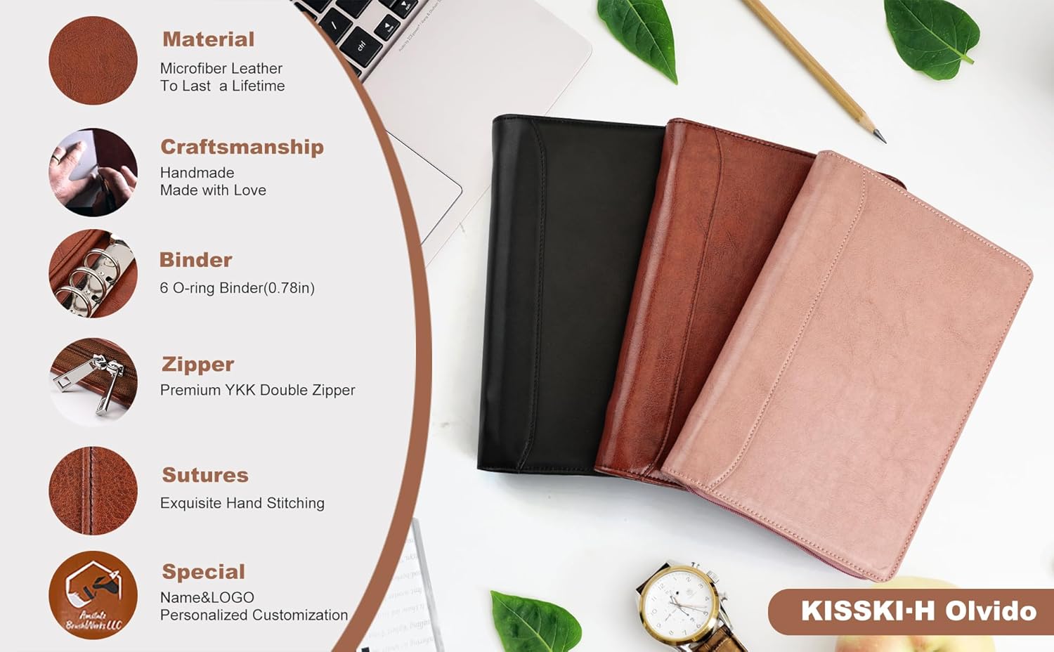 KISSKI.H Olvido A5 Planner Binder Padfolio for Men, Small Business Zippered Portfolio Organizer, 6 Ring Folder Folio Cover with 1pc A5 Notepad, Tablet for iPad mini/iPad Air 2, Handmade Gifts, Brown