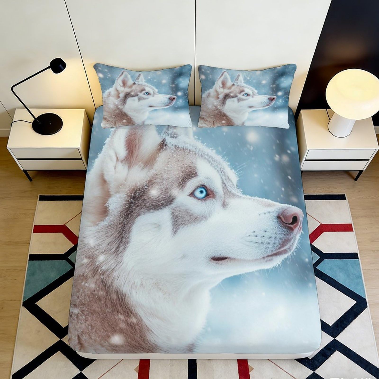 3D Printed Husky Dog Fitted Sheet Microfiber Soft Breathable Winter Snow Mattress Cover for Bedroom Dormitory Guest Room Mattress Protection Decor 180x200x25cm