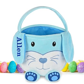 Personalized Blue Bunny Easter Basket for Boys & Girls - Kids Easter Gift Basket with Handle - Blue