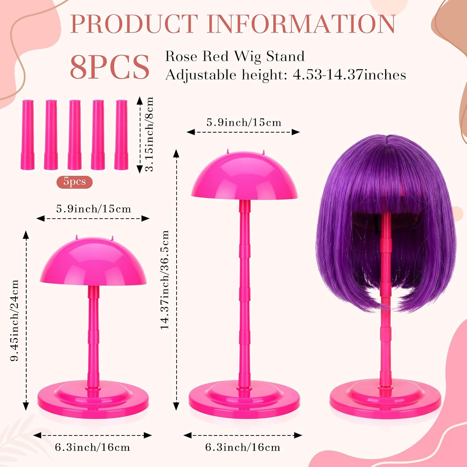 Shimeyao 8 Pcs Adjustable Wig Stand 4.53 to 14.37 Inch Portable Wig Head Holders Plastic Hat Stands for Display Non Slip Fake Hair Storage Holder for Multiple Fake Hair Styling Cap Storage (Hot Pink)