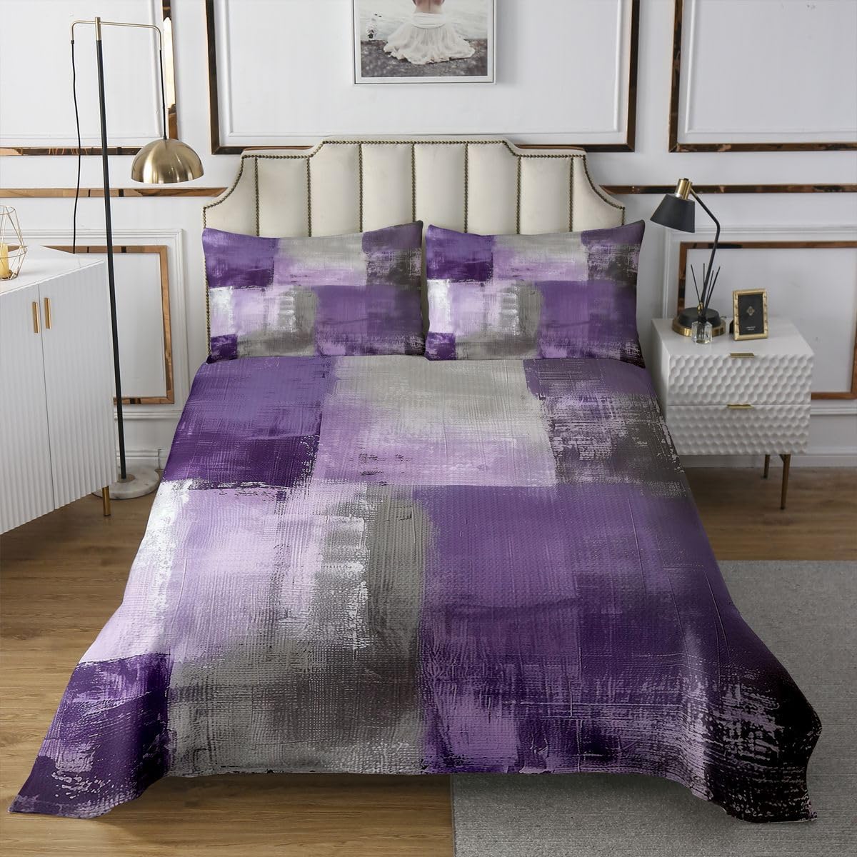 jejeloiu Abstract Bedspread Quilts Purple Gray Coverlet Set King Size for Kids Boys Girls Modern Art Quilted Coverlet for All Season with 2 Pillowcases Microfiber