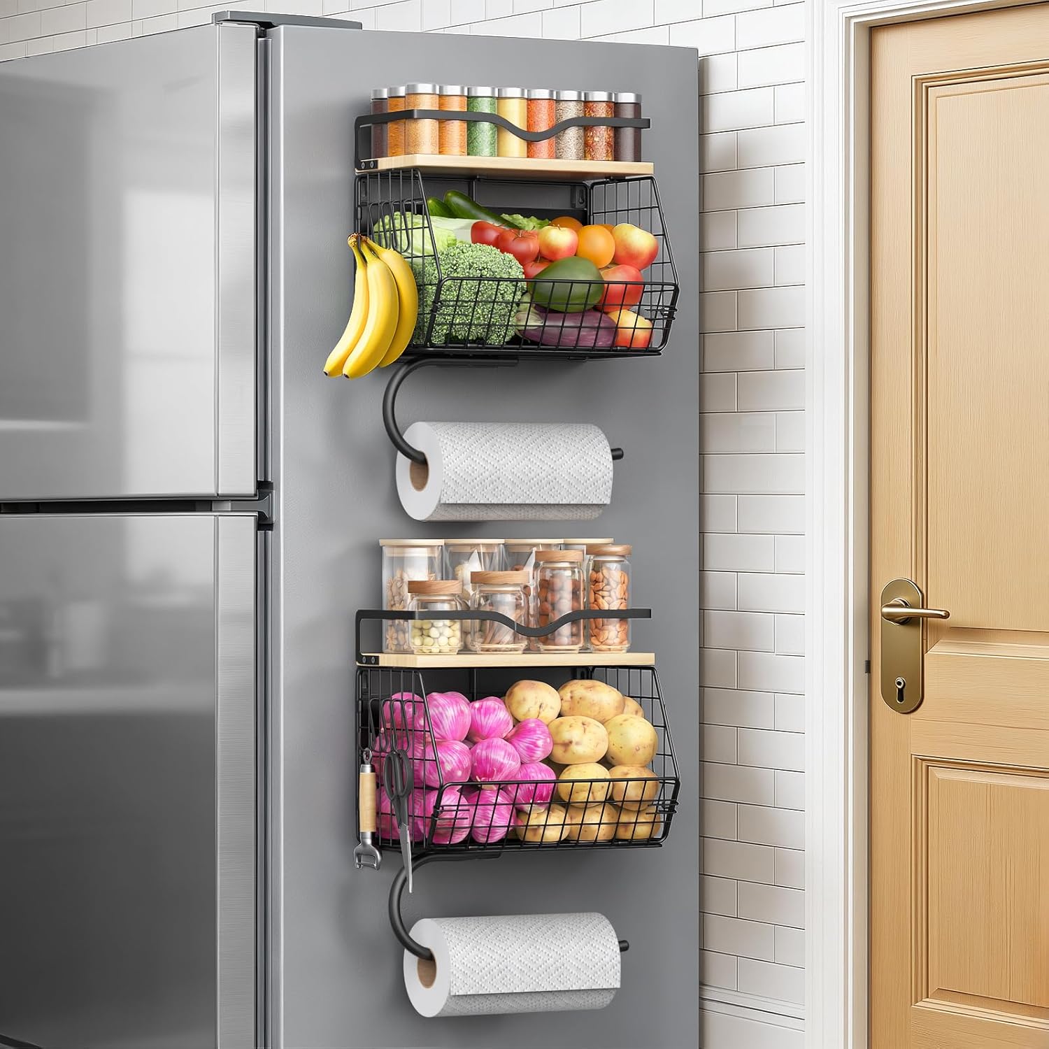 2 Pack Magnetic Shelf for Fridge with Wood Lid, Magnetic Spice Rack Organizer for Refrigerator, Fruit Potato and Onion Storage Bins with Paper Towel Holder for Kitchen Counter, Pantry