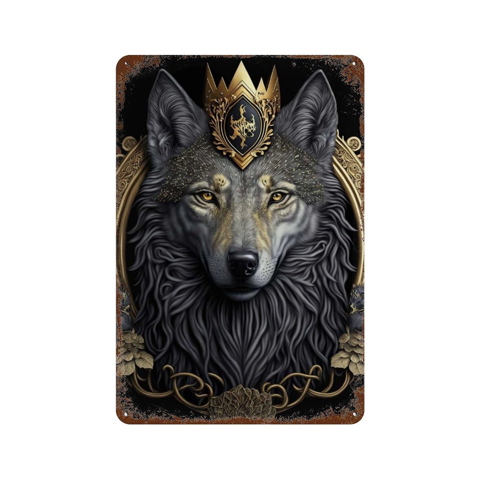 Decorative Tin Sign with White Wolf Golden Art Deco Design 11.8"x7.9", for Farmhouse, Kitchen And Entryway Decor, Old School Wall Decor