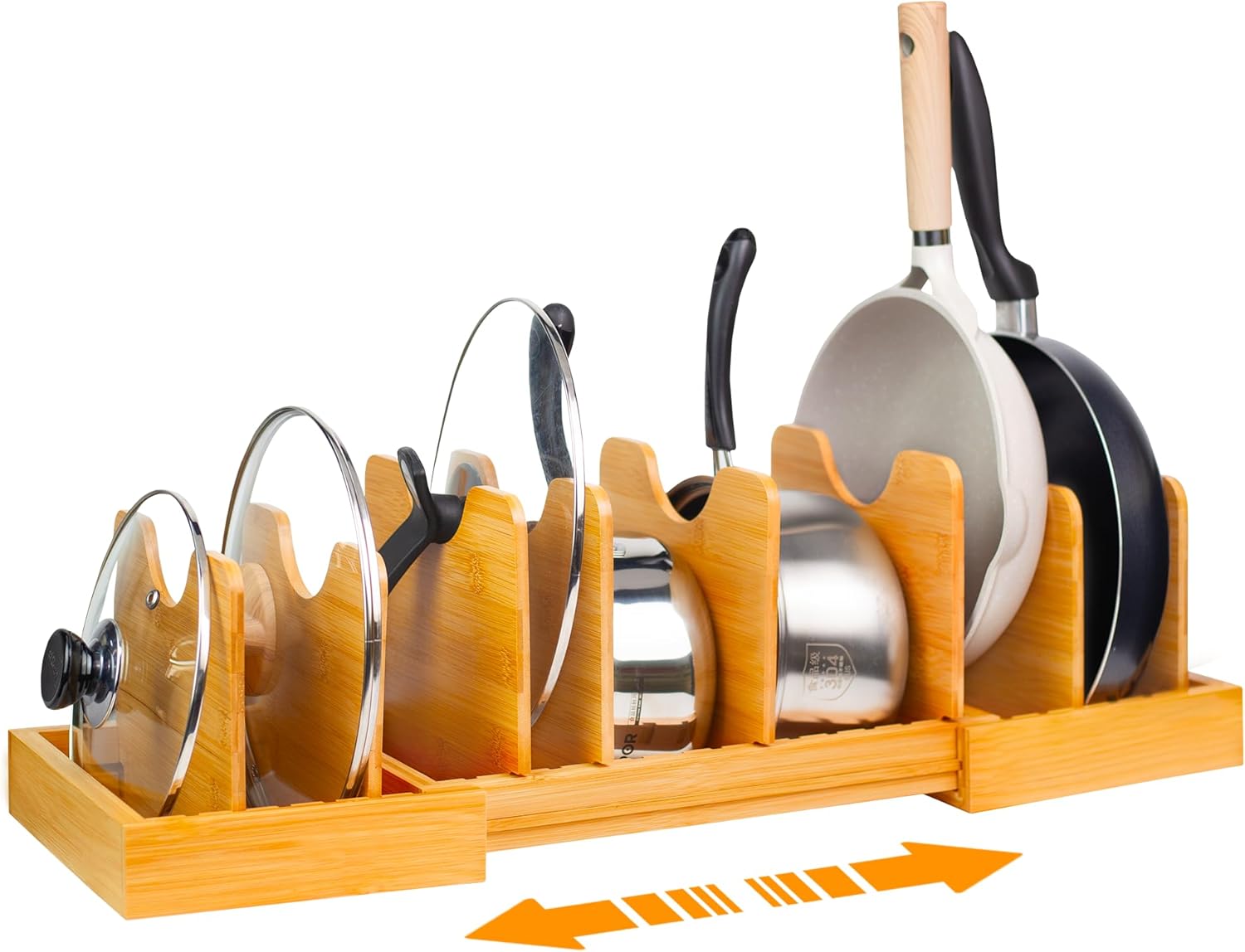 Expandable Bamboo Pot Lid Organizer with Adjustable Dividers for Kitchen Storage
