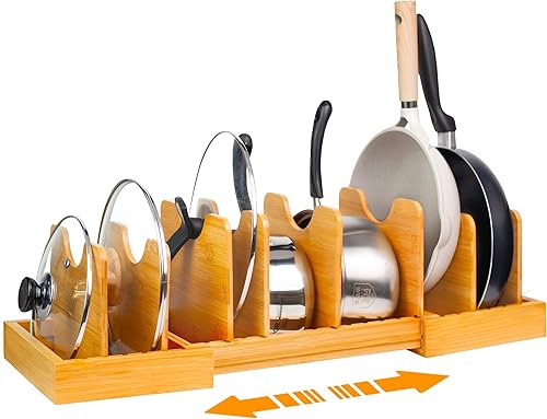 MinBoo Organizador de tapa de olla expandible de bambú, organizador de ollas y sartenes, organizador de cajones para tapas de ollas, divisores