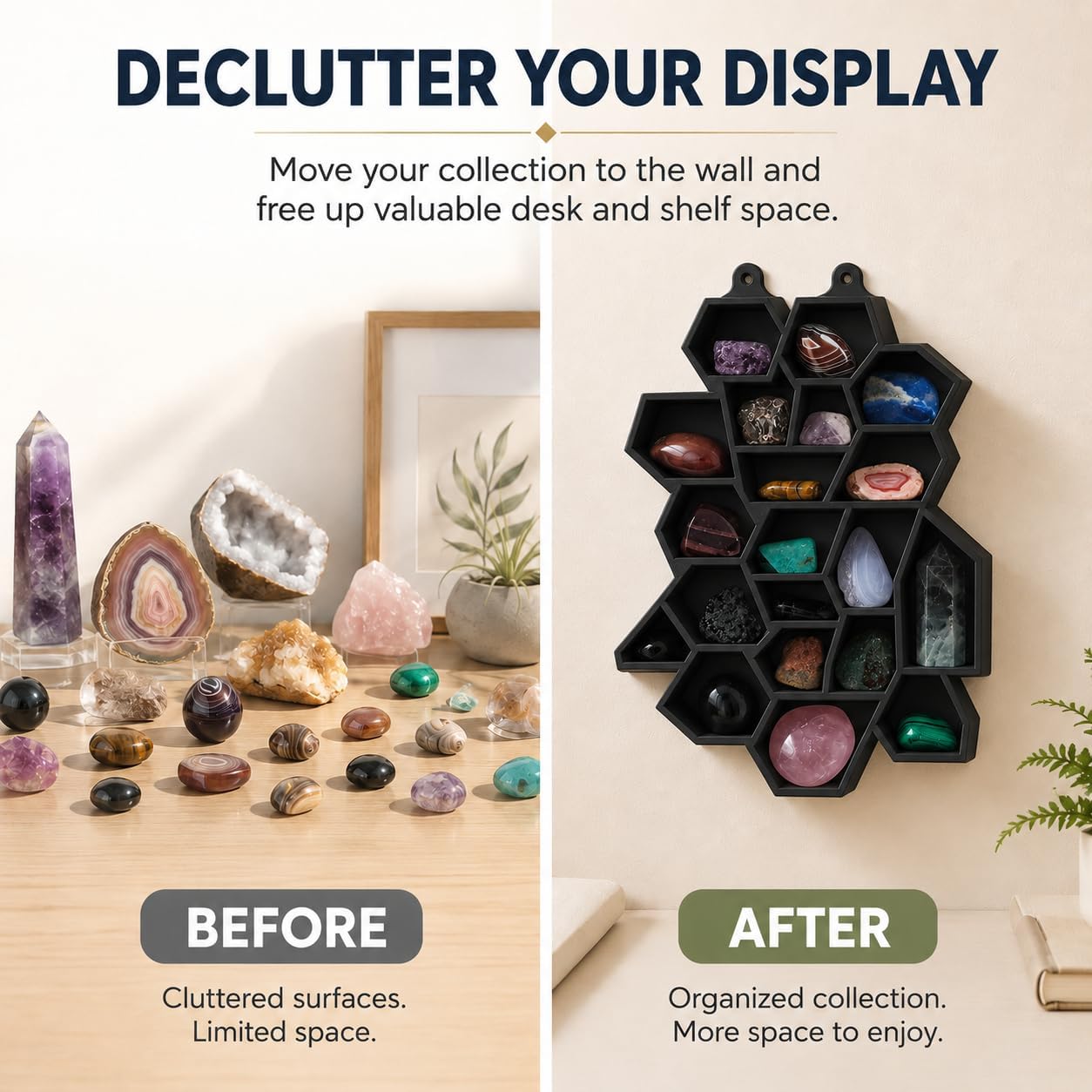 Wall Crystal Organizer – Decorative Stone Display Shelf with Individual Compartments | Freestanding or Wall Mounted Mineral Rock Holder | Multi-Slot Gem Collection