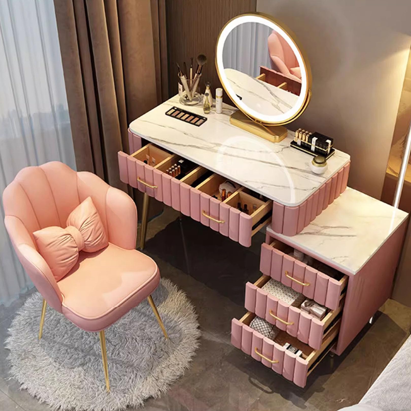 asdchZen Led Vanity Desk With Lighted Mirror Makeup Table With Storage Drawers Stylish Dressing Table & Cushioned Stool For Bedroom White 100Cm/39.4In,Pink-80cm/31.5in