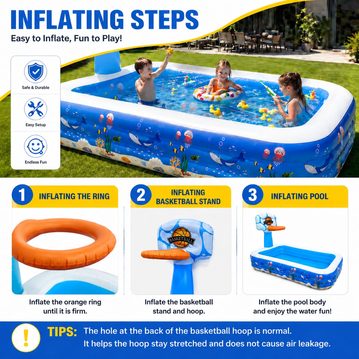 Aufblasbares Schwimmbad, 304,8 x 182,9 x 61 cm, Kinderpools, Familien-Lounge-Pools verdickt, oberirdischer Familienpool für Sommer-Wasserparty, Hinterhof, Garten, Rasen | Family Lounge Pools Verdickter oberirdischer Familienpool für Sommer-Wasserparty, Hi