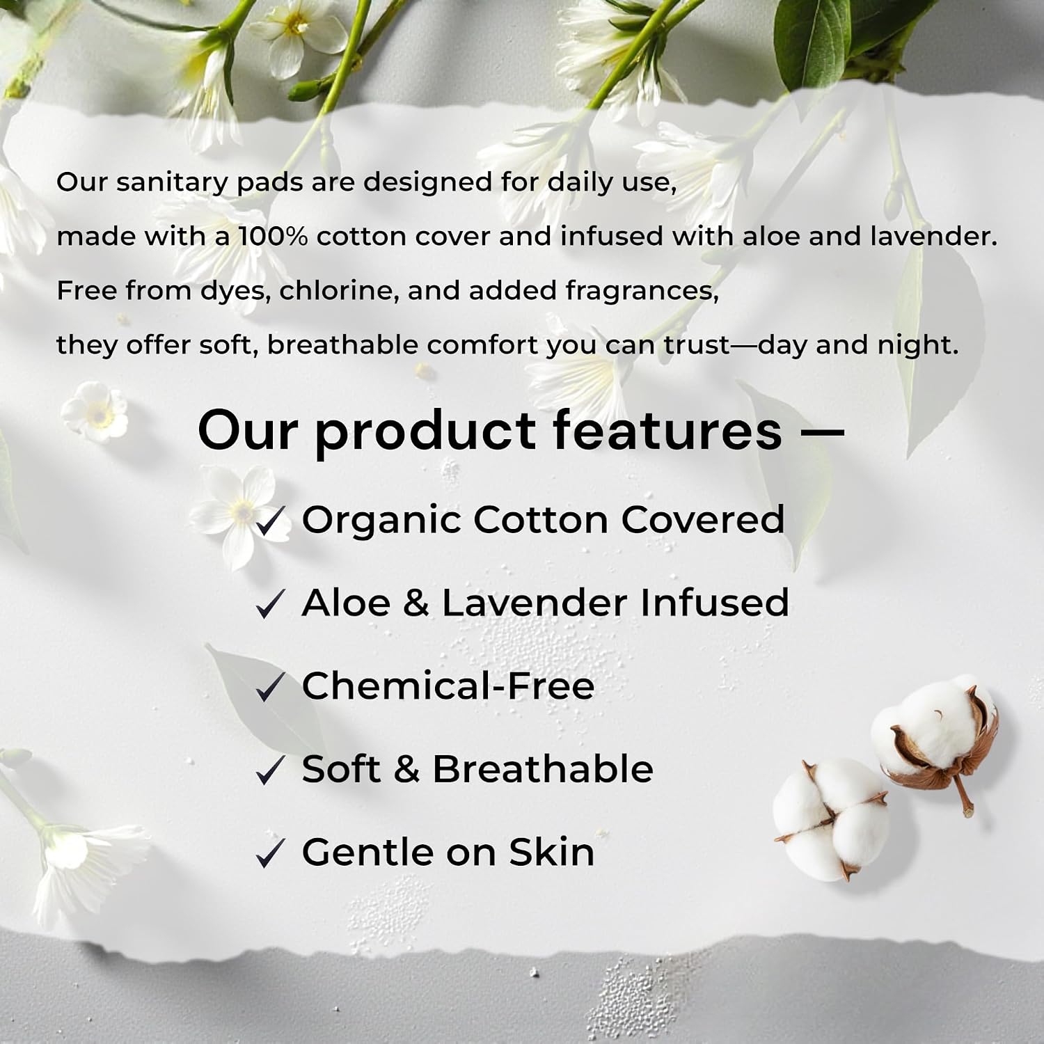 b.pure 100% Organic Cotton Regular Absorbency Herbal Feminine Pads with Wings | Chemical Free | Lavender & Aloe Infused | Regular Flow | 40-Count