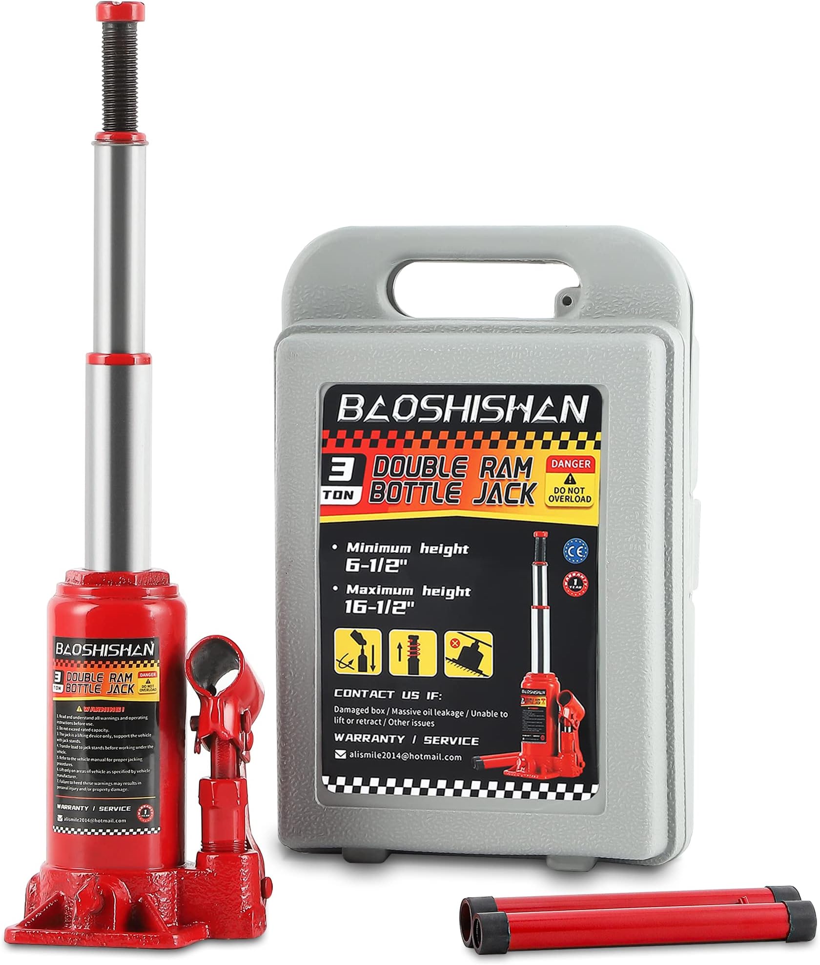 3 Ton Double Ram Bottle Jack Hydraulic Portable Lifting Jack with Carrying Case 6-1/2" to 16-1/2" Lift Range (3 Ton)
