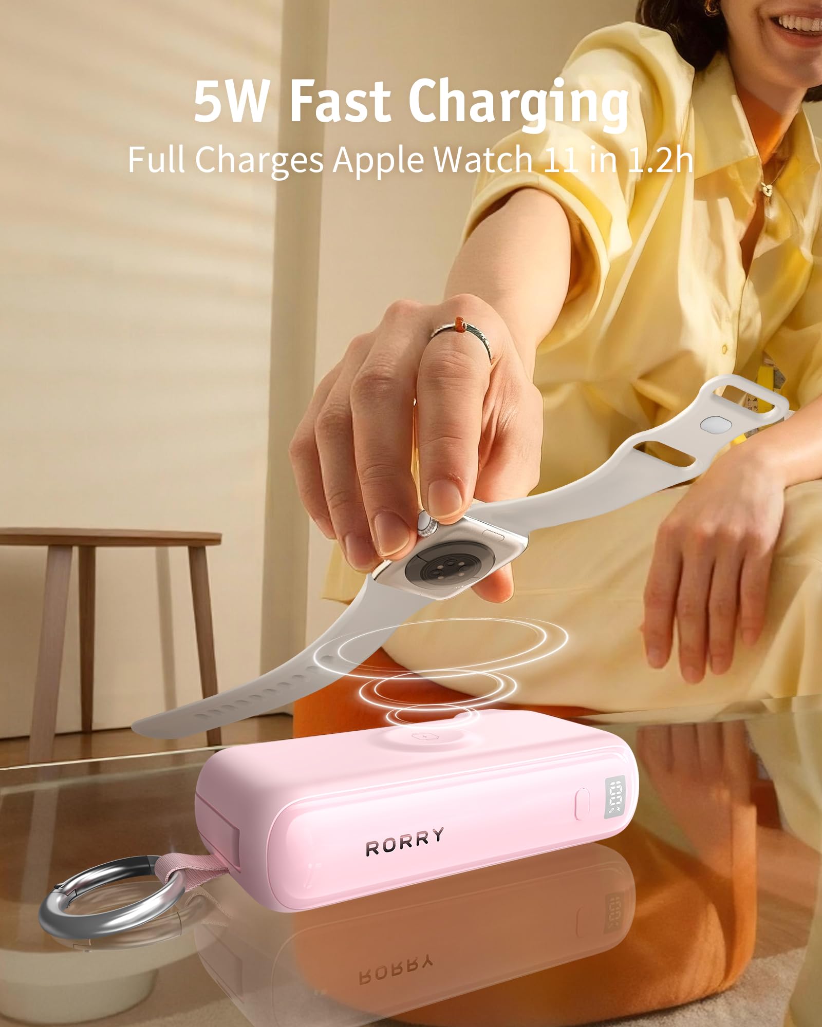 RORRY Flow Portable Charger, 10000mAh 40W Fast Charging Power Bank with Built-in USB C Cable and Foldable Wall Plug, Battery Pack Travel Essentials for iPhone 17/16/15, Apple Watch, iPad, MacBook — view 5