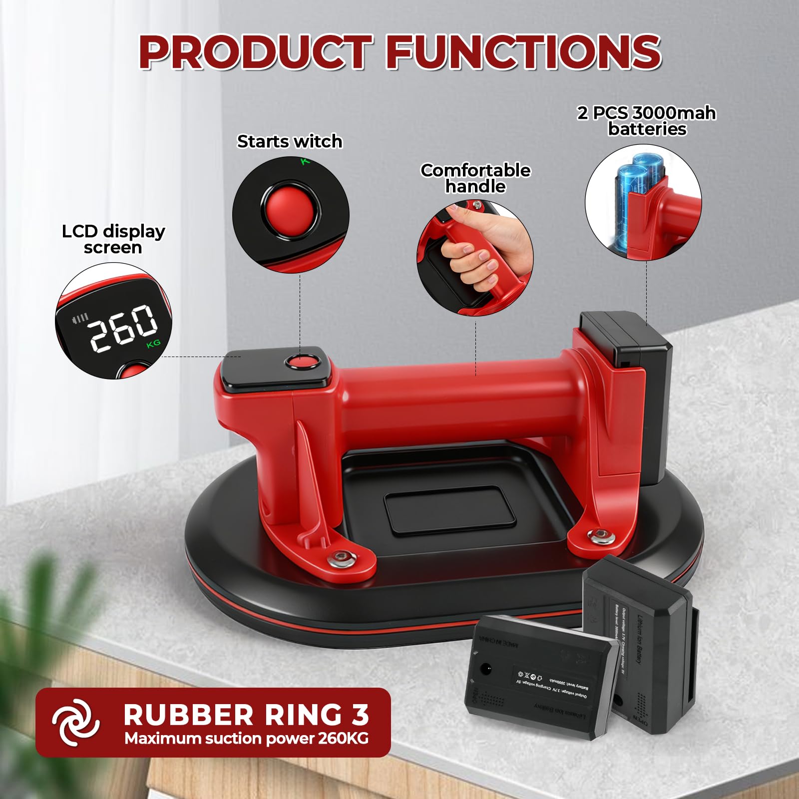 Ventosa a batteria, 260 kg, sollevatore a vuoto da 24 cm, con 2 x 3000 mAh batterie, con display LCD, ventosa per vetro per sollevare piastrelle, granito, specchi, lastre (EU)
