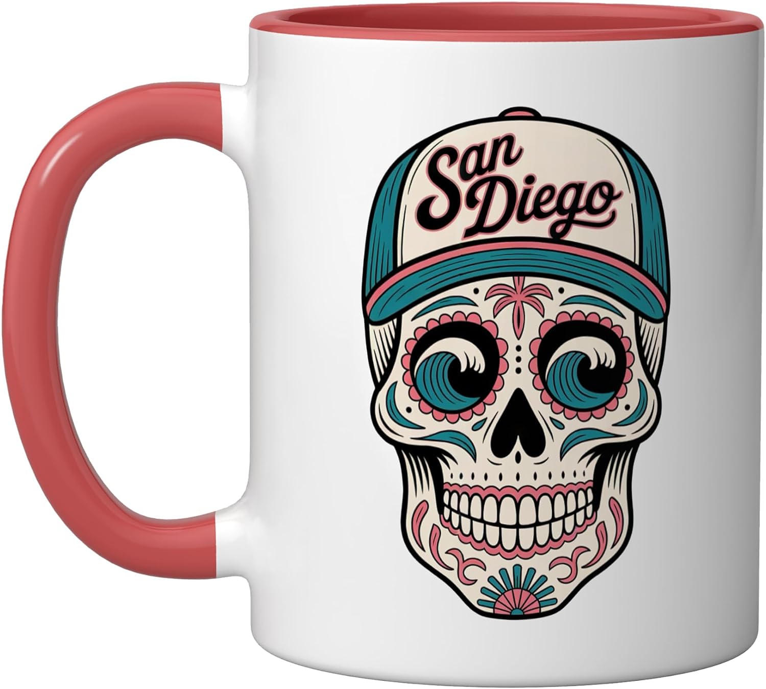 San Diego Mexican Sugar Skull Mint Green Pink Ceramic Mug, White, 15oz image 5